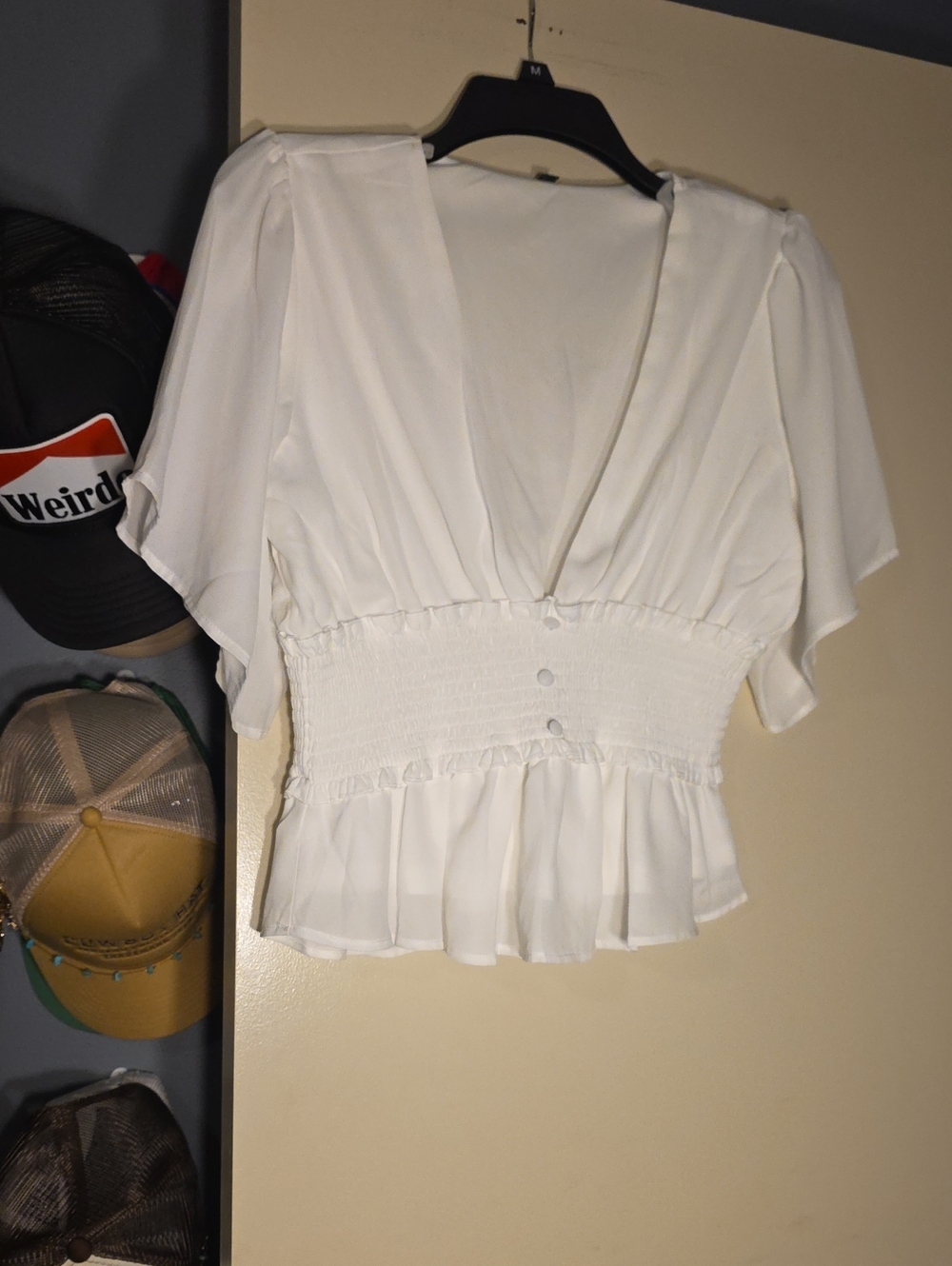 Nwot Women's White Smocked Waist V-Neck Top